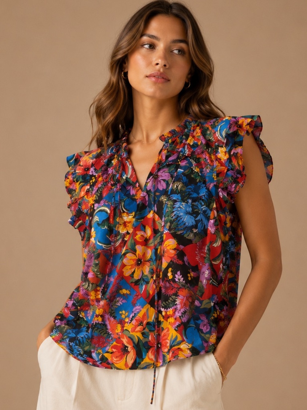 Olivaceous Multicolor Floral Ruffle Cap-Sleeve Blouse